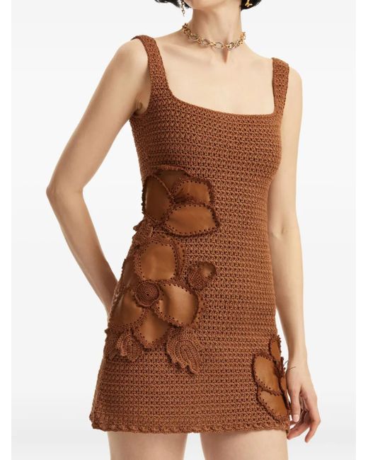 Oscar de la Renta Brown Minikleid Mit Gehäkelten Blumen