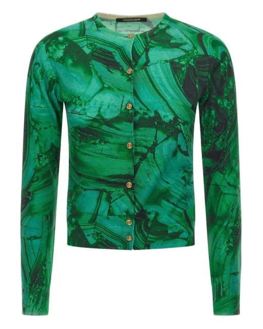 Roberto Cavalli Green Malachite-Print Button Cardigan