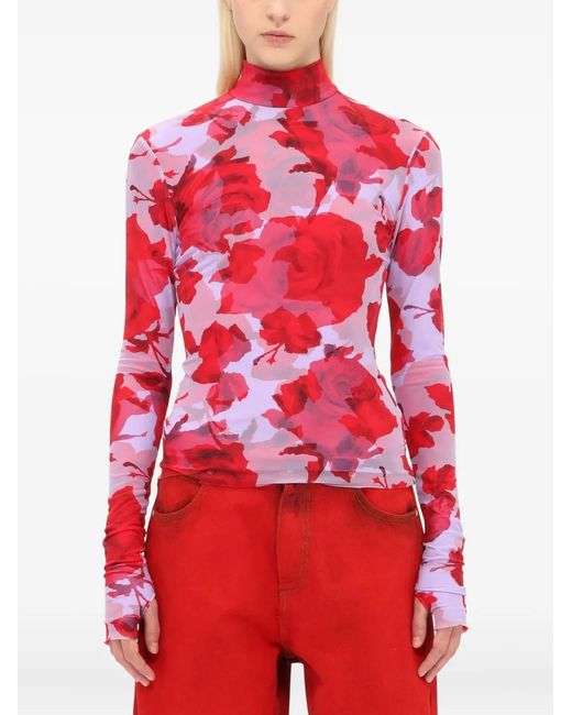 MSGM Red Floral-Print Top