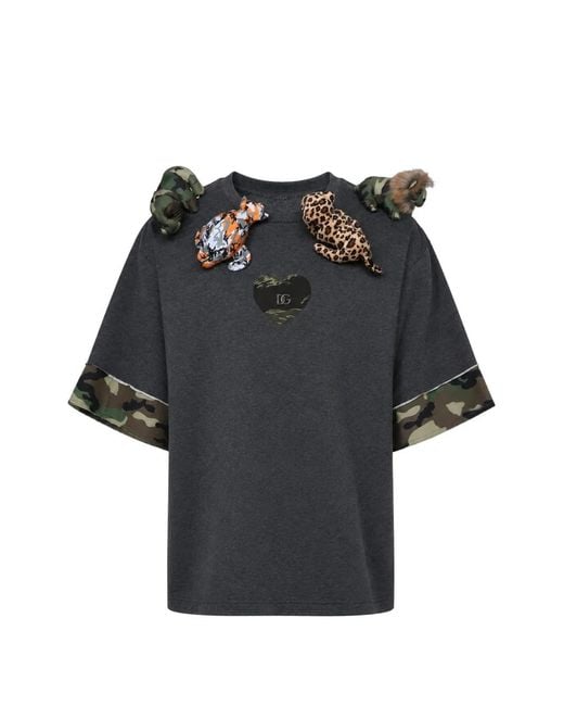 Dolce & Gabbana Black Animal-Appliqué Camouflage-Trim T-Shirt for men