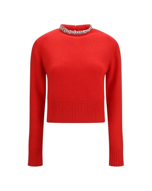 Pinko Red Berlino Crystal-Embellished Ribbed-Trim Sweater