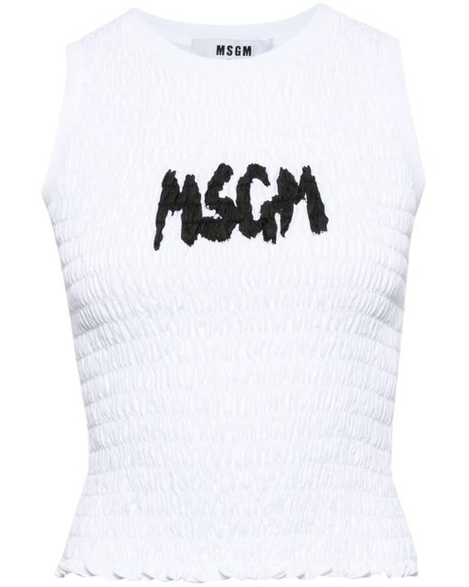 MSGM White Logo-print Smocked Cotton Top