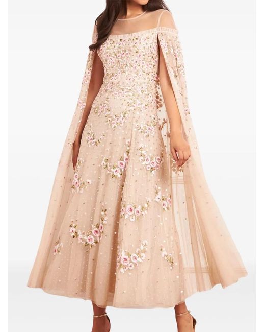 Needle & Thread Pink Crescent Roses Cape-Detail Midi Dress