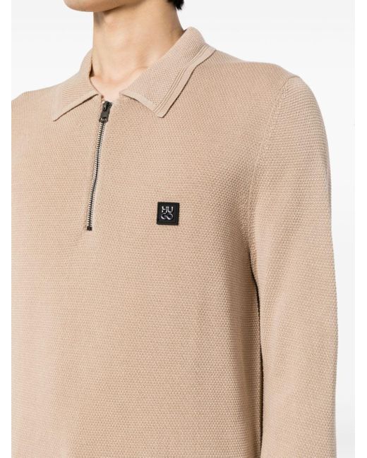 HUGO Natural Zip-front Waffle-knit Polo Shirt for men