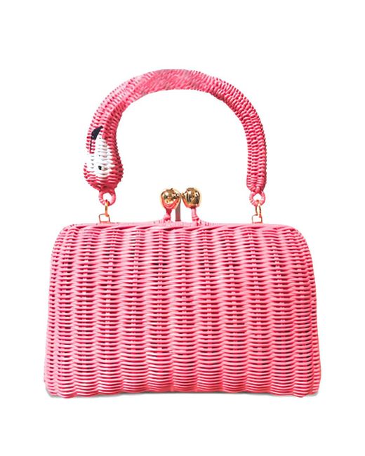 Serpui Pink Flamingo-Handle Wicker Mini Bag