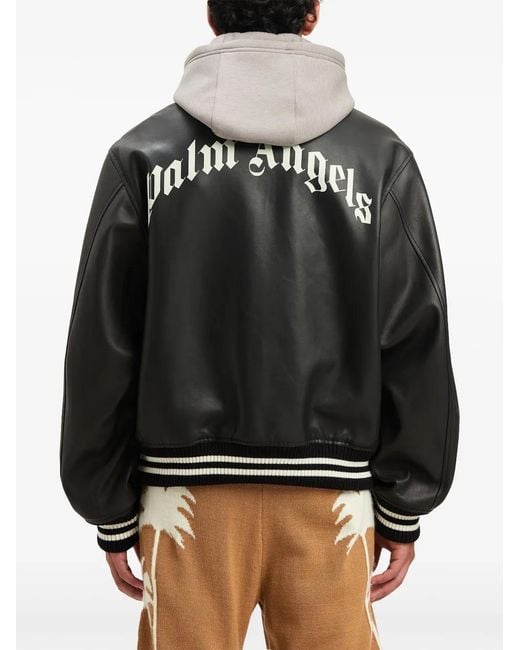 Palm Angels Black Curved Logo Leather Bomber for men
