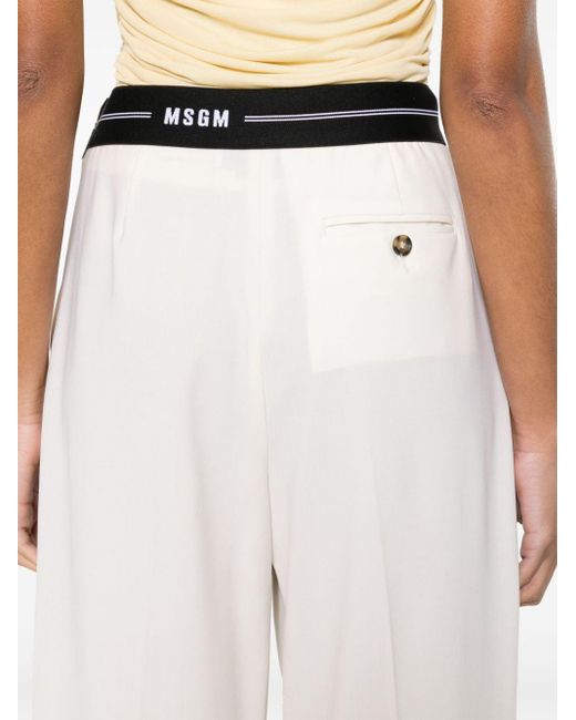 MSGM White Logo-waistband Wide-leg Trousers