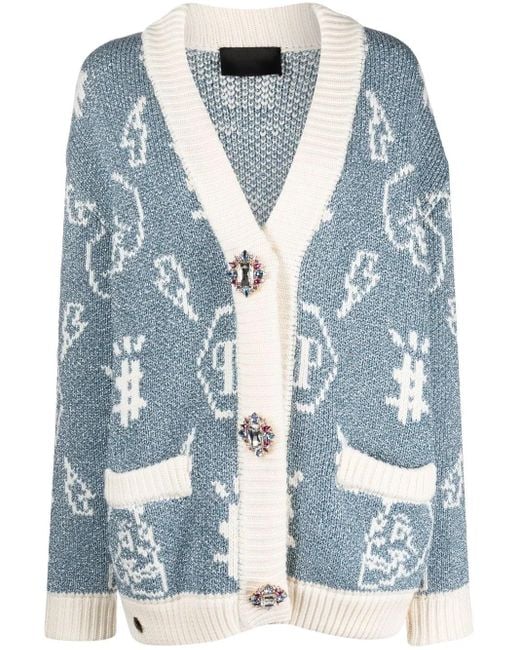 Philipp Plein Blue Intarsia-Knit Logo Cardigan