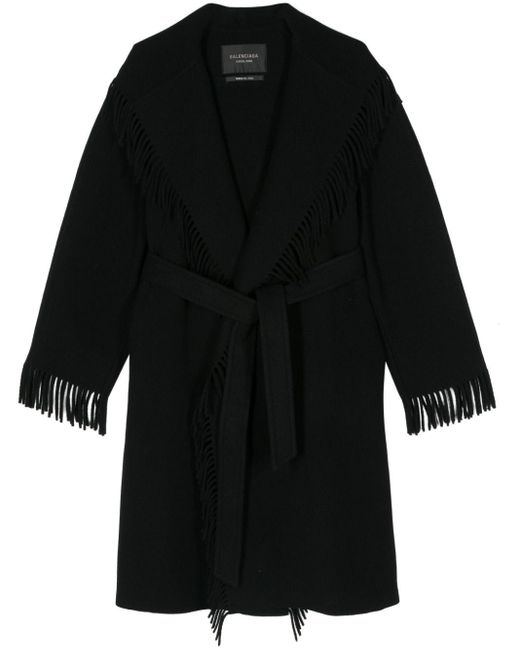Balenciaga Black Fringed-Edge Wool Coat