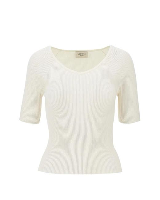Weekend by Maxmara White Ribbed-Knit Short-Sleeve Sweater