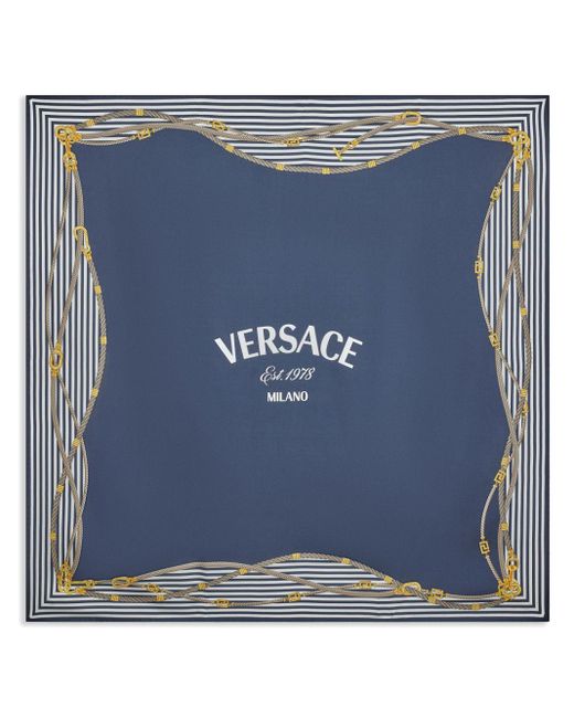 Versace Blue Logo-print Silk Scarf