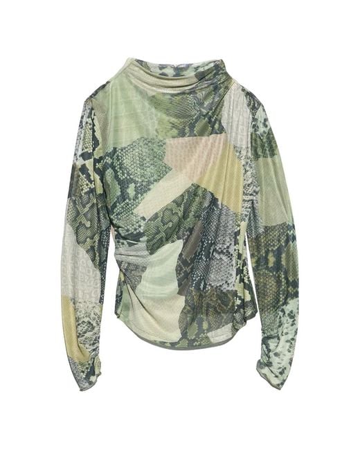Bimba Y Lola Green Snake-Patchwork Ruched Tulle T-Shirt