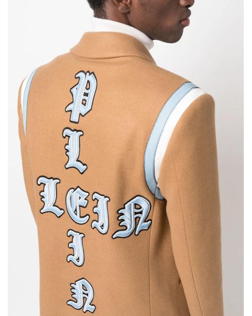 Philipp Plein Natural Logo-Patch Single-Breasted Coat for men