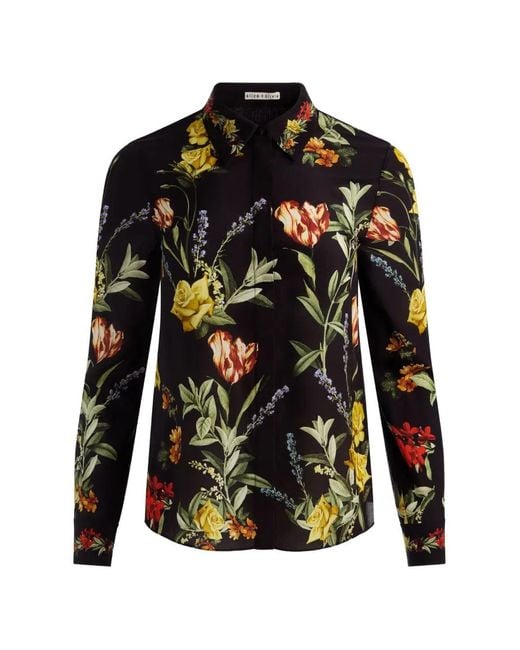 Alice + Olivia Black Floral-Print Silk Shirt
