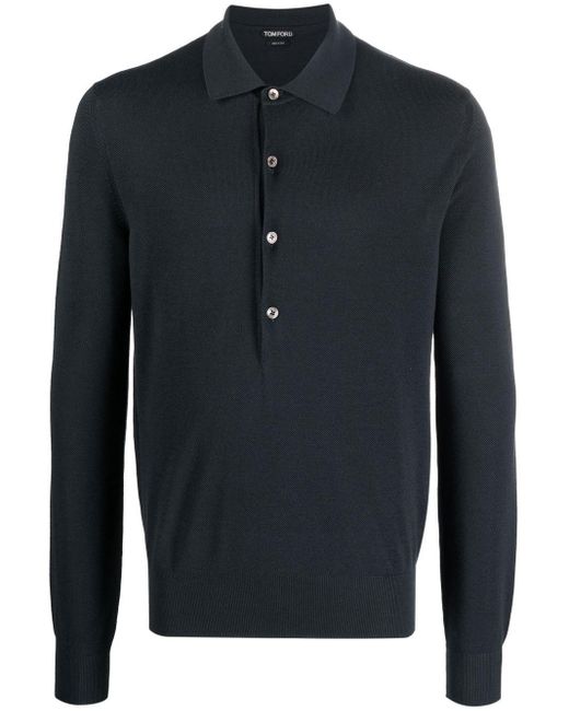 Tom Ford Long-sleeve Piqué Polo Shirt in Blue for Men | Lyst
