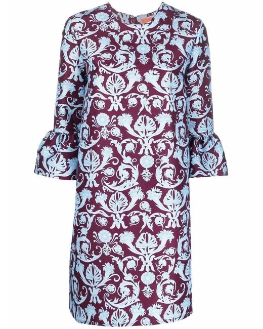 LaDoubleJ Blue Brocade-Print Flared-Cuff Dress