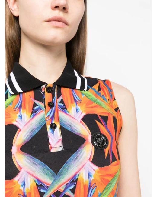Philipp Plein White Floral-Print Sleeveless Cotton Polo Shirt