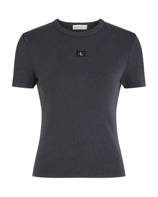 Calvin Klein Black Ribbed Logo-Patch T-Shirt
