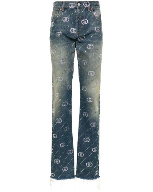 Gucci Green Crystal Embellished Intrelocking G Jeans for men