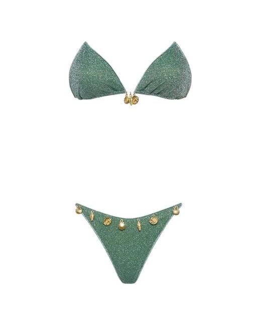 Oseree Green Shell-Embellished Glitter Bikini