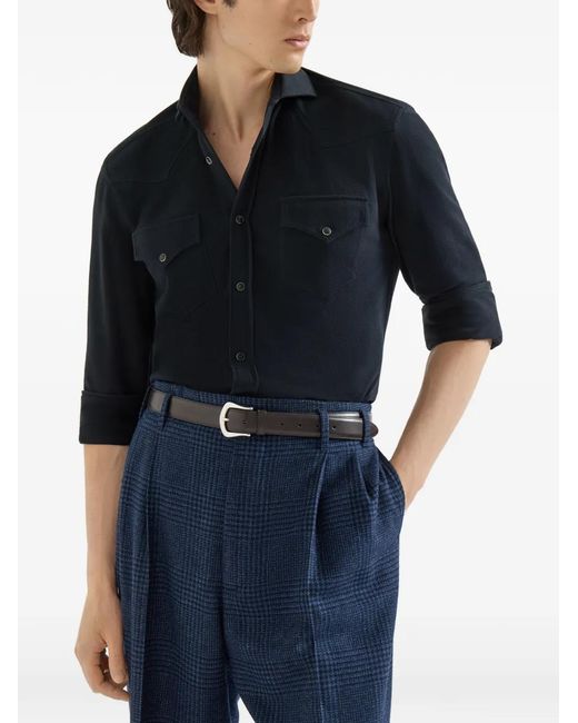 Brunello Cucinelli Blue Cotton-Piqué Western Shirt for men