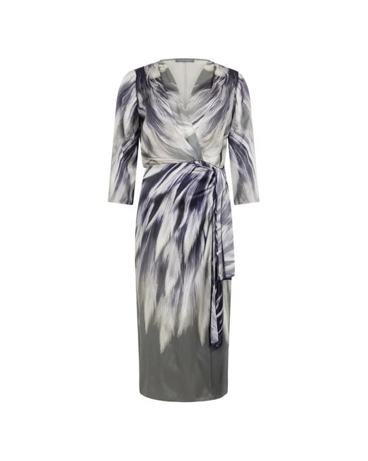 Alberta Ferretti Gray Abstract-Print Satin Midi Dress