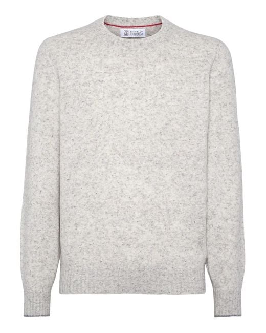 Brunello Cucinelli White Irregular Coloration Flecked Alpaca Sweater for men