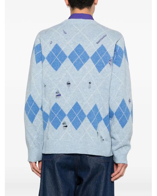 Charles Jeffrey Blue Argyle-Pattern Distressed Sweater