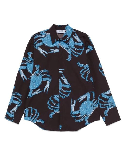 MSGM Blue King Crab-Print Cotton Shirt for men
