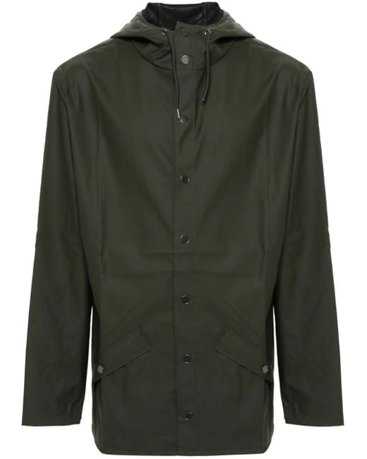 Rains Green Drawstring-hooded Buttoned Rain Jacket