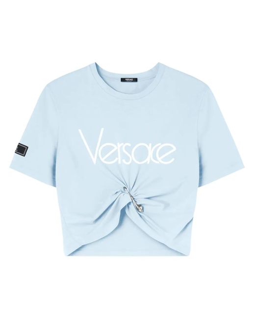Versace Cropped T-Shirt Met Logoprint in het Blue