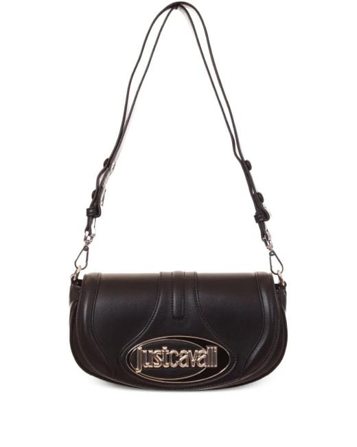 Just Cavalli Black Curved-Flap Logo-Plaque Shoulder Bag