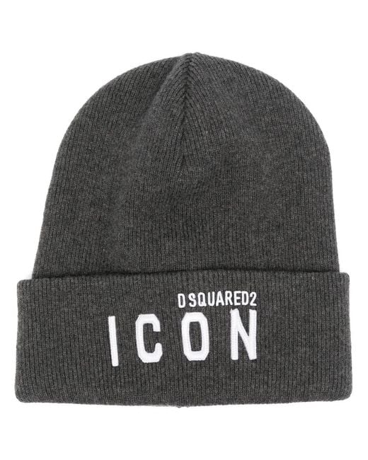 DSquared² Gray Embroidered-Logo Ribbed-Knit Hat for men