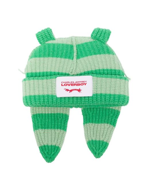 Charles Jeffrey Green Chunky Rabbit Striped Beanie Hat