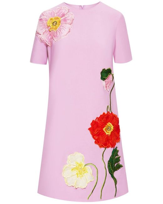 Oscar de la Renta Pink Painted Poppies-embroidered Shift Minidress