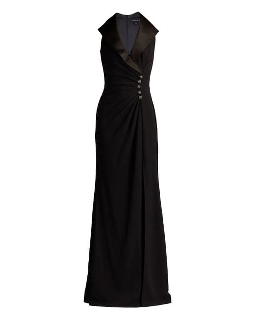 Tadashi Shoji Black Verziertes Abendkleid mit Satinkragen