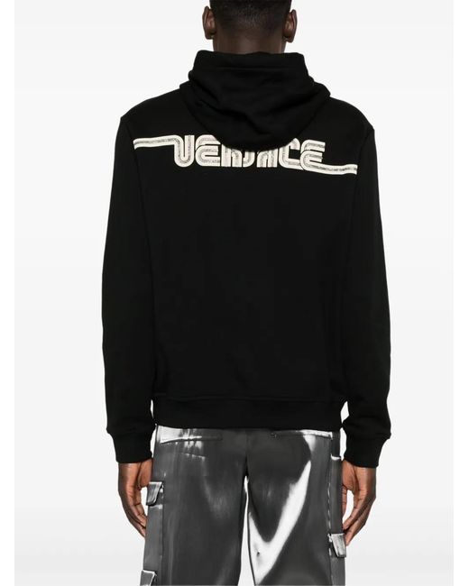 Versace Black Crystal-Embellished Logo Zip-Up Hoodie for men