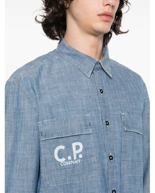 C P Company Blue Logo-print Chambray Shirt for men