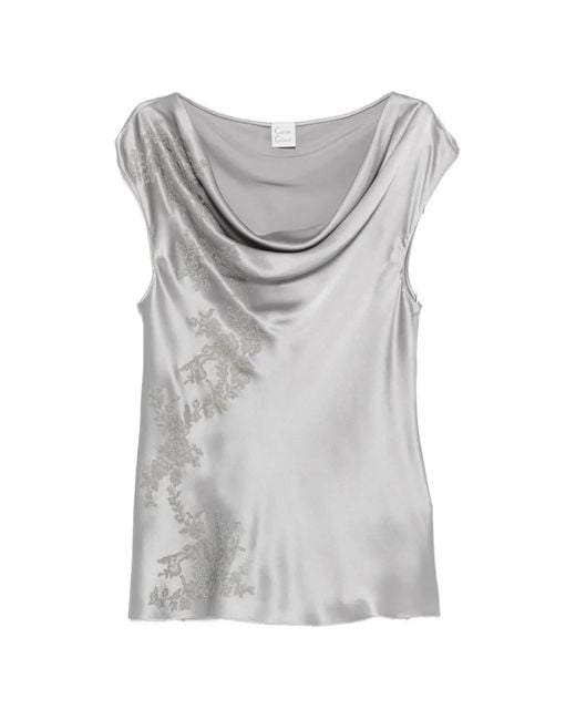Carine Gilson Gray Lace-Trimmed Silk Blouse