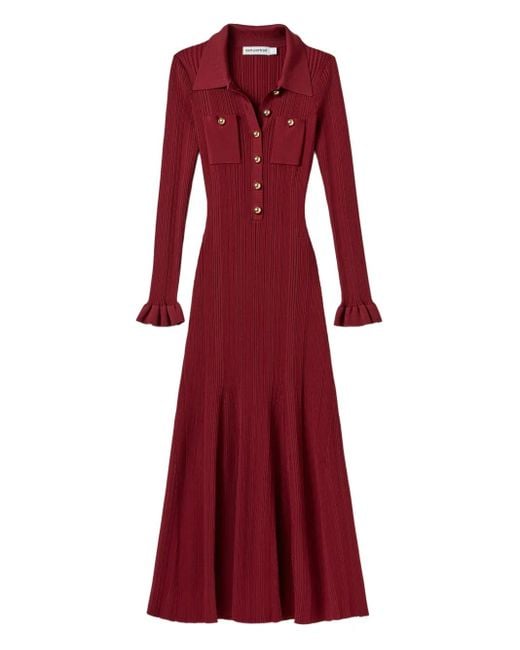 Self-Portrait Red Ribbed-Knit Buttoned Midi Dress