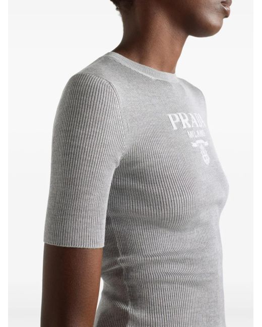 Prada Gray Silk Logo Longline T-Shirt