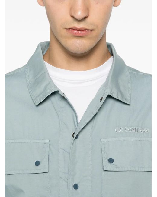 C P Company Blue Logo-Embroidered Short-Sleeve Overshirt for men