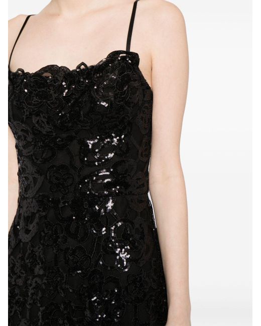 Marchesa Black Floral-pattern Sequinned Midi Dress
