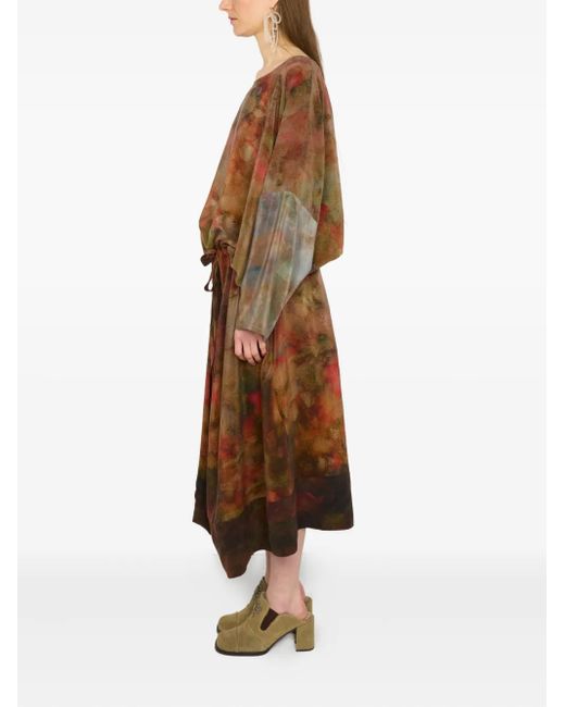 Anntian Orange Print Drawstring Midi Dress