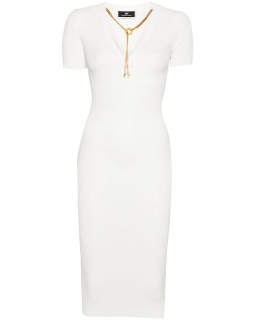 Elisabetta Franchi White Ribbed-knit Midi Dress