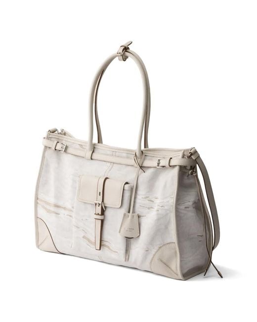 Prada Gray Bonnie Printed Linen And Leather Tote Bag