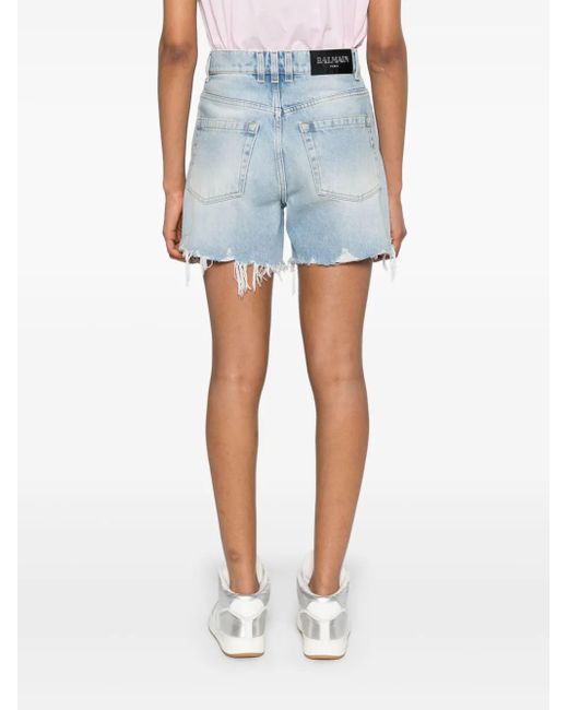Balmain Blue Ripped Denim Shorts