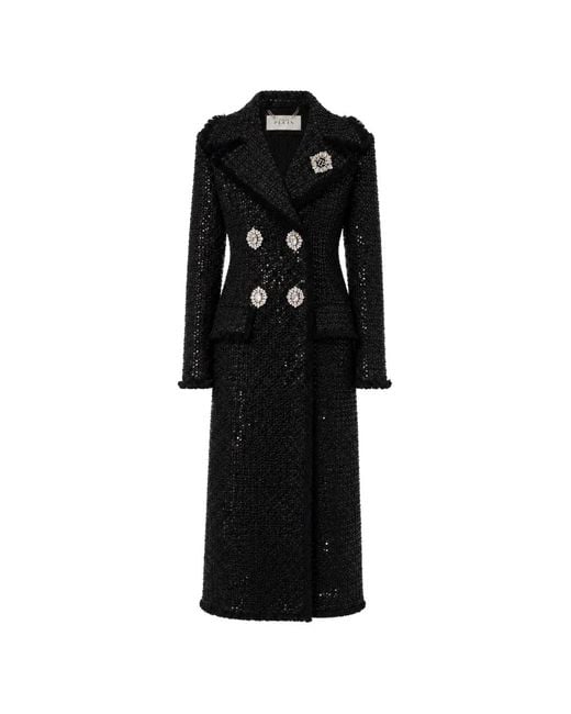 Philipp Plein Black Tweed Long Coat Paillettes