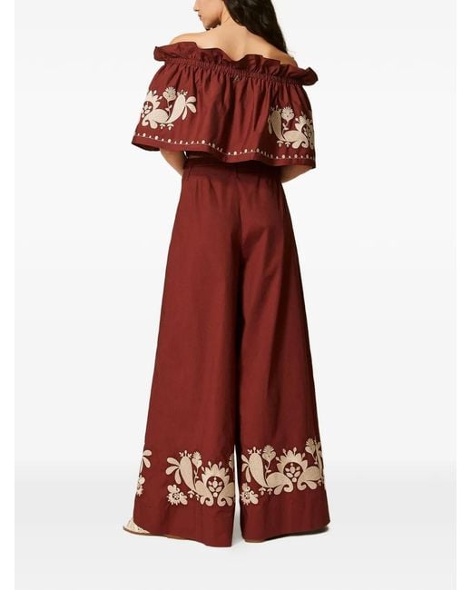 Twinset Red Pantalon Palazzo En Popeline À Broderies