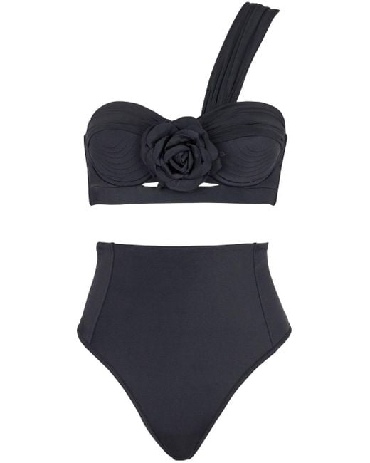 Balmain Black Floral-appliqué One-shoulder Bikini